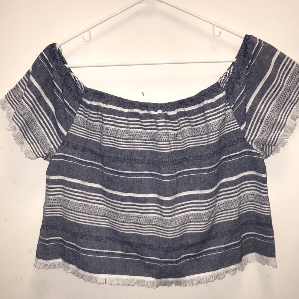 Blue and white fringe off the shoulder top (L)